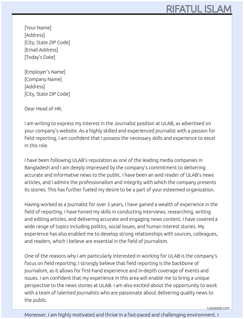 Journalist At ULAB Cover Letter