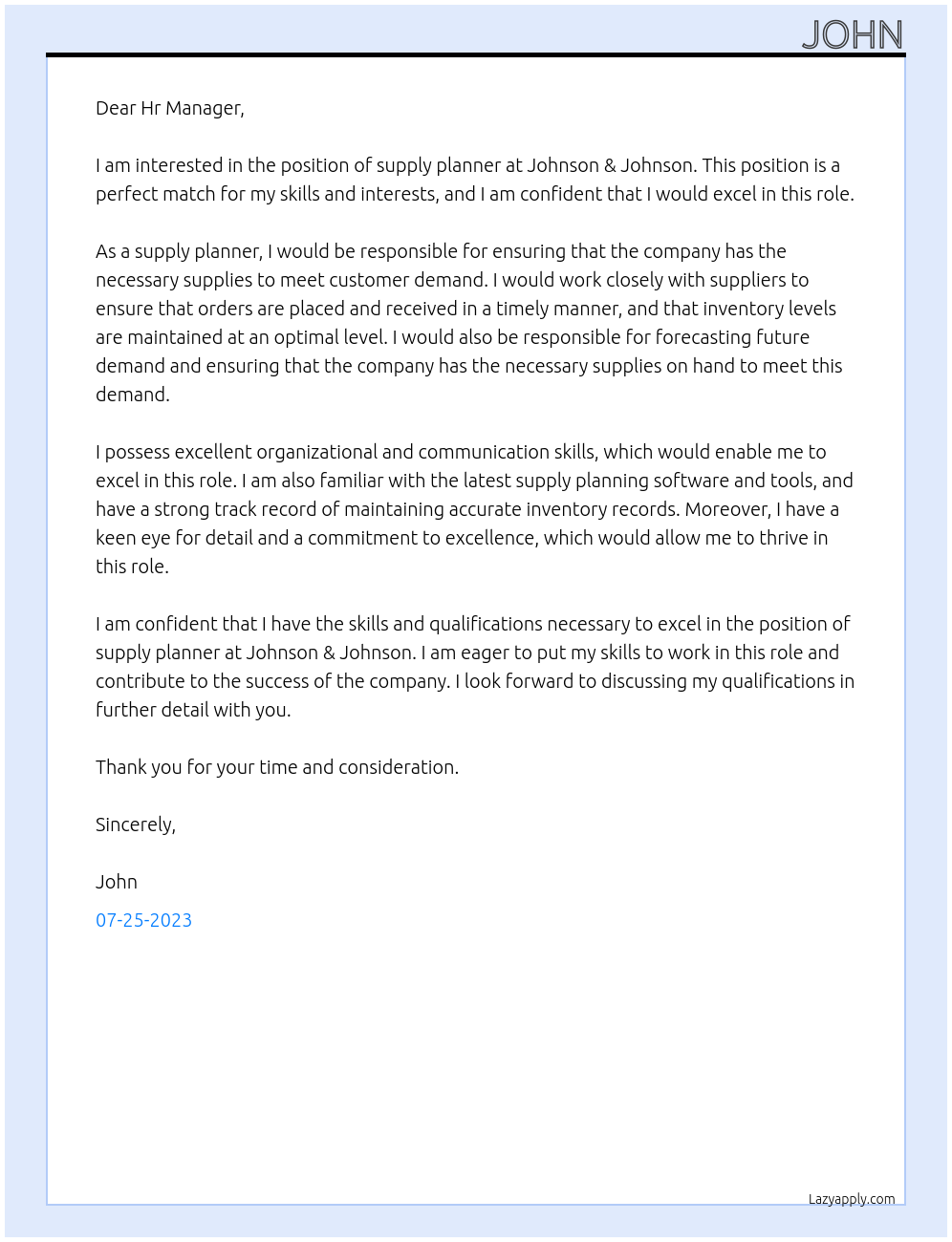 Supply planner At Johnson & Johnson Cover Letter