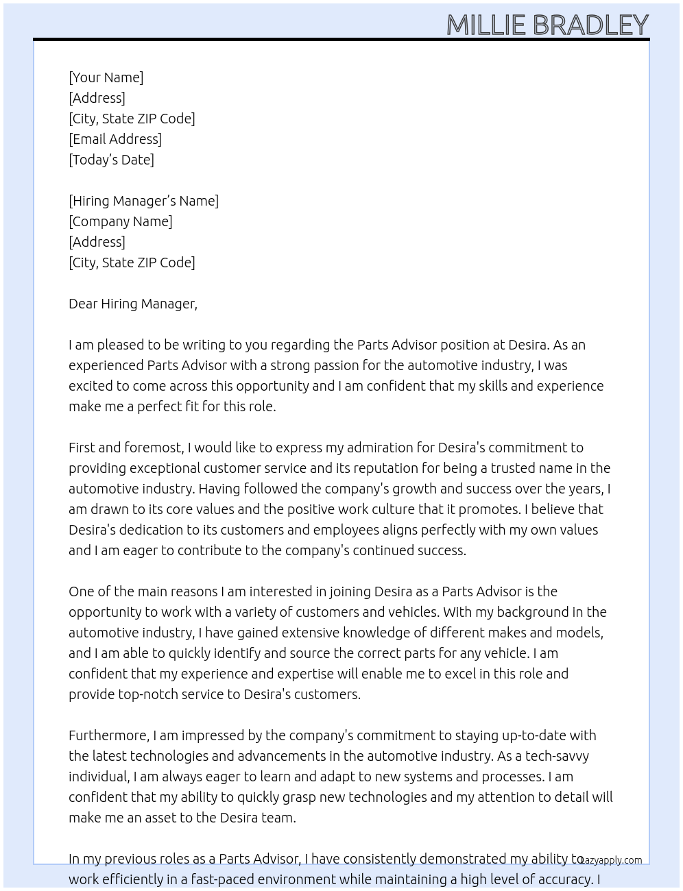 Parts Advisor At Desira Cover Letter