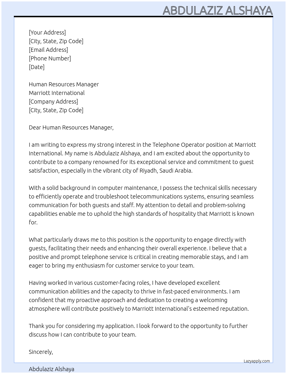 Telephone Operator At Marriott International Cover Letter