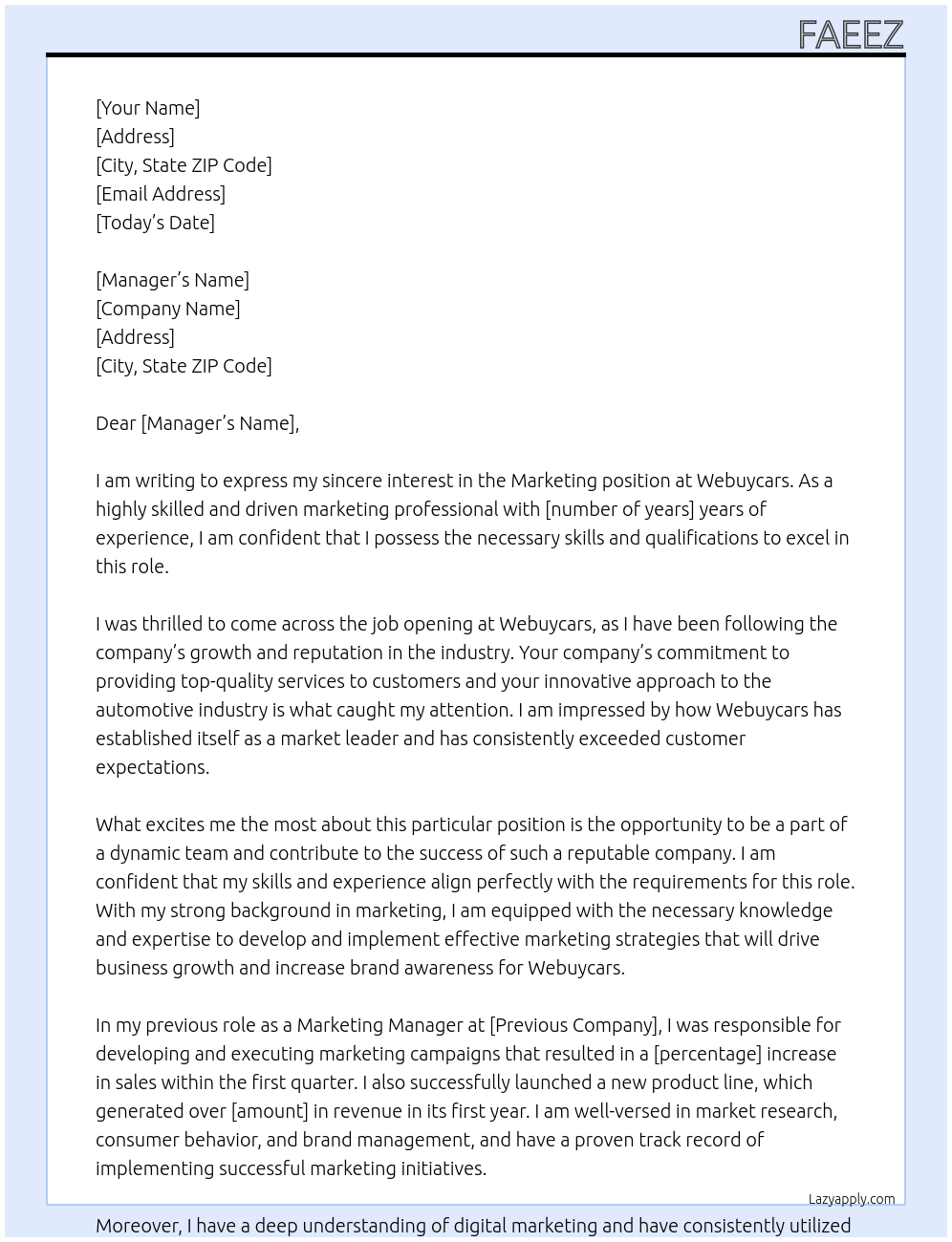 Marketing At Webuycars Cover Letter