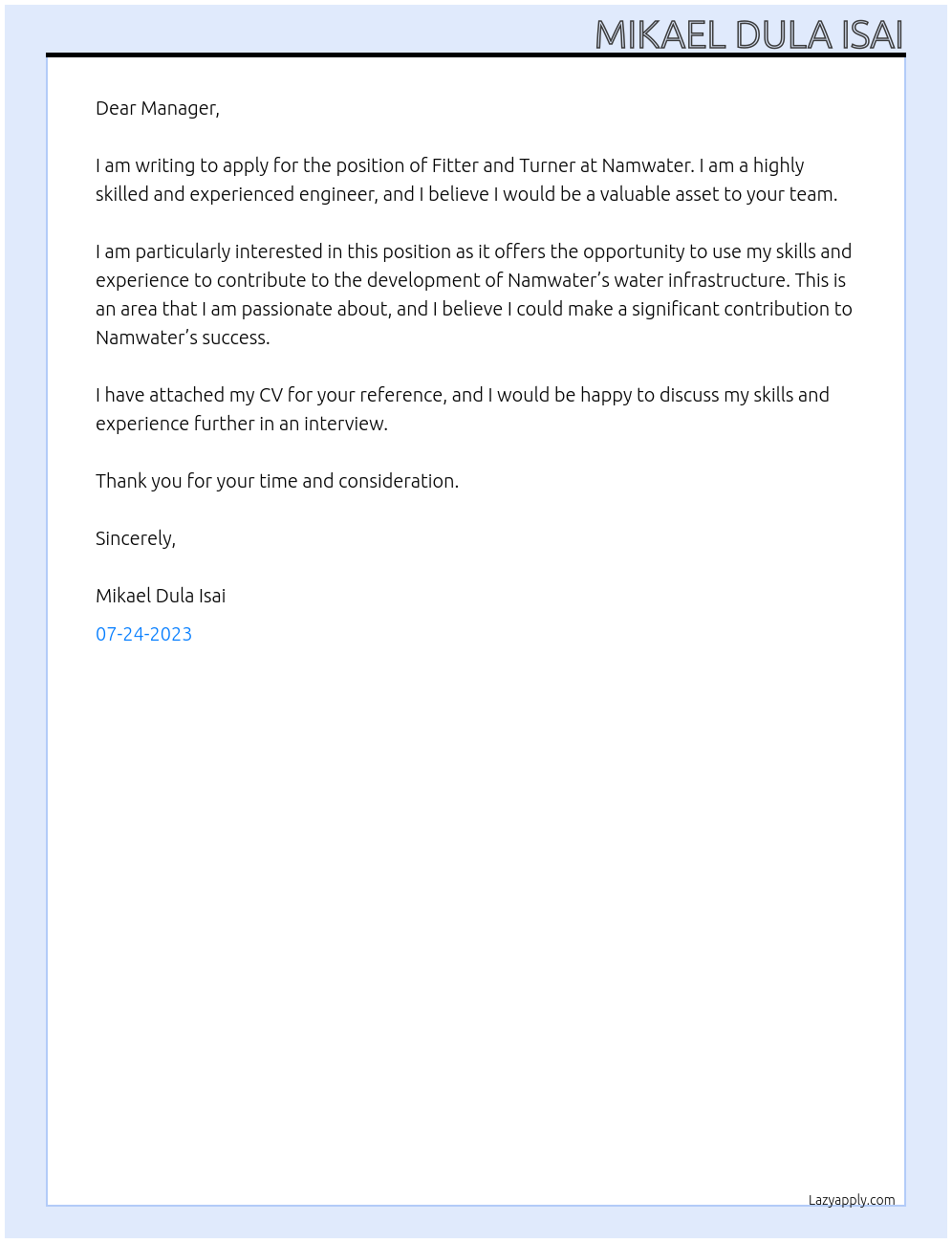 Fitter and Turner At Namwater Cover Letter