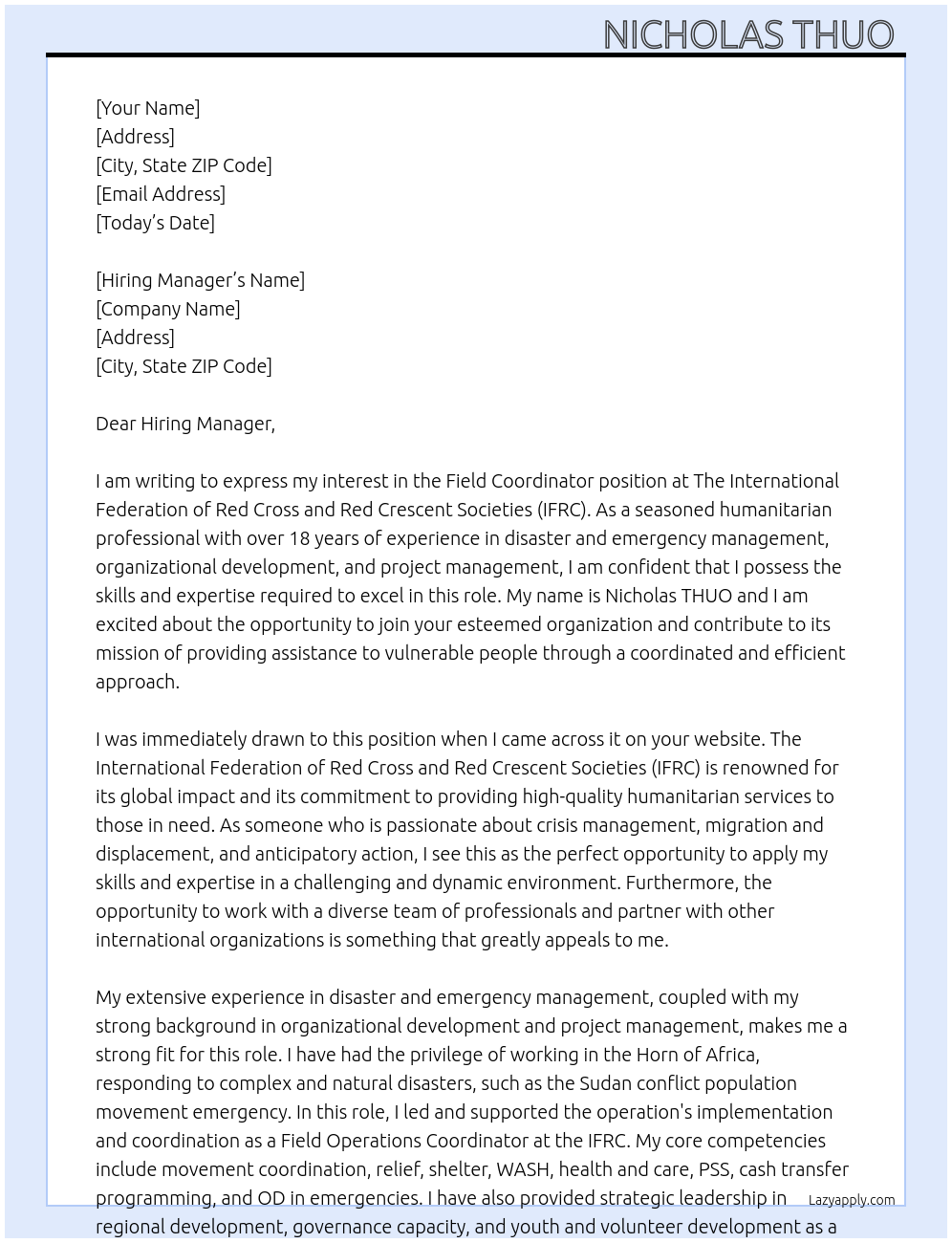 Field Coordinator At The International Federation of Red Cross and Red Crescent Societies (IFRC) Cover Letter