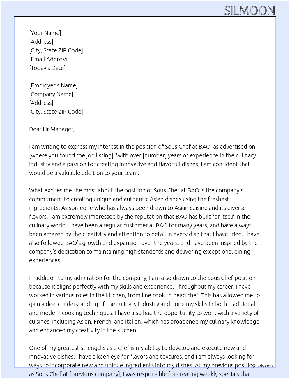 sous chef At BAO Cover Letter