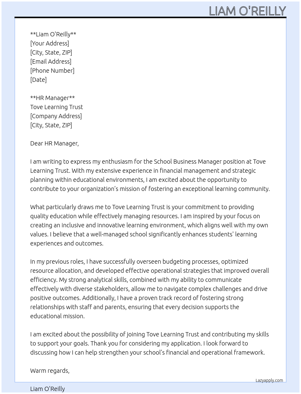 School Business Manager At Tove Learning Trust Cover Letter