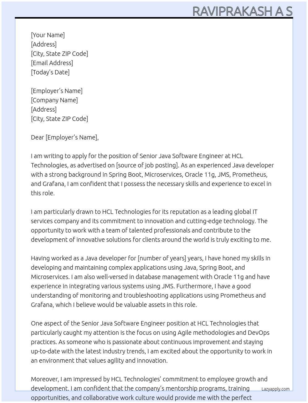 Senior Java Software Engineer At HCL Technologies Cover Letter