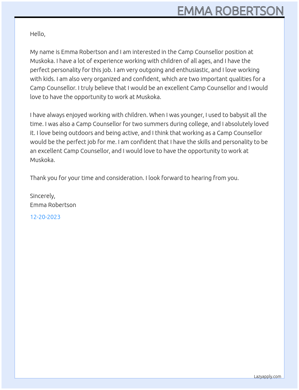 Camp Counsellor  At Muskoka Cover Letter