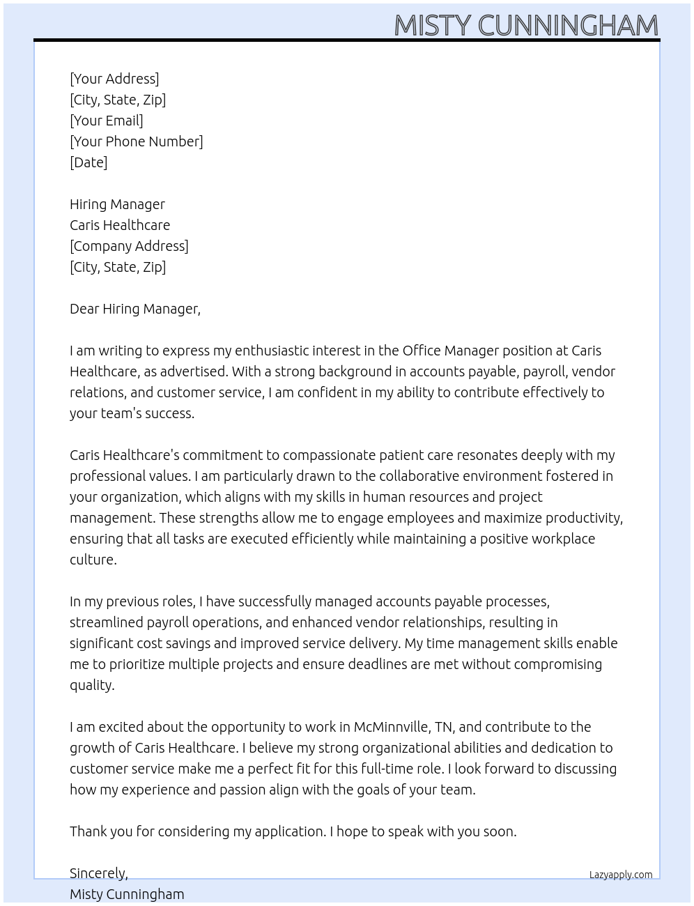 Office Manager At Caris Healthcare Cover Letter