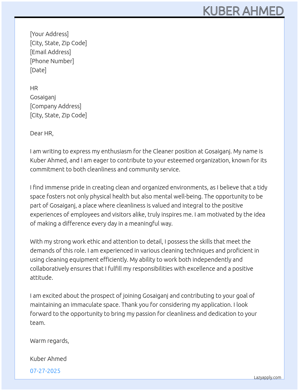 cleaner At Gosaiganj Cover Letter