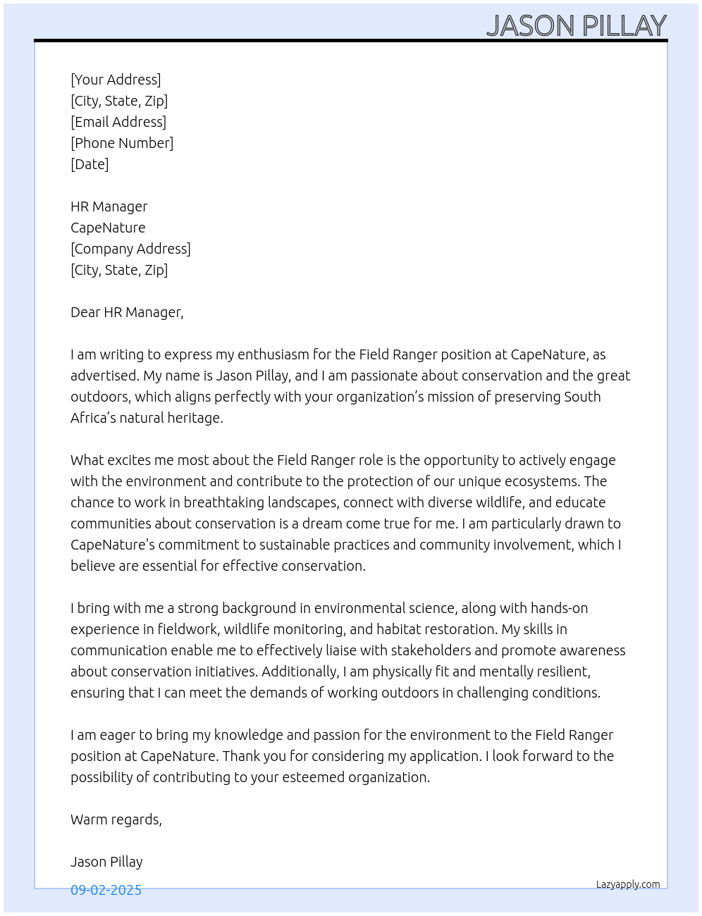 Field Ranger At CapeNature Cover Letter