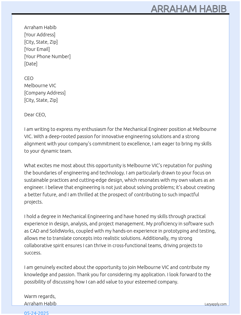 Mechanical Engineer At Melbourne VIC Cover Letter