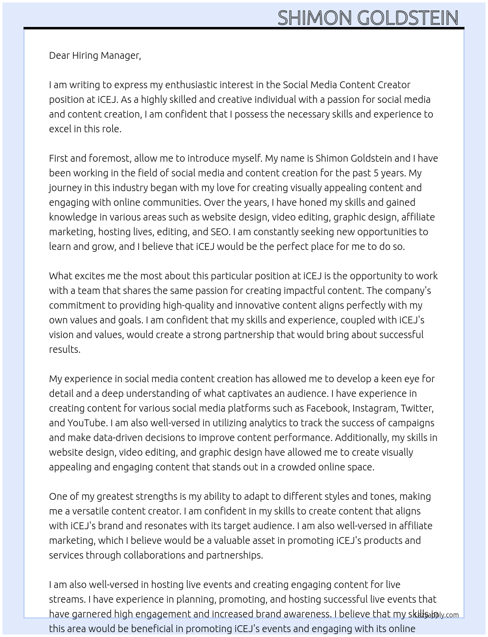 Social Media Content Creator At iCEJ Cover Letter