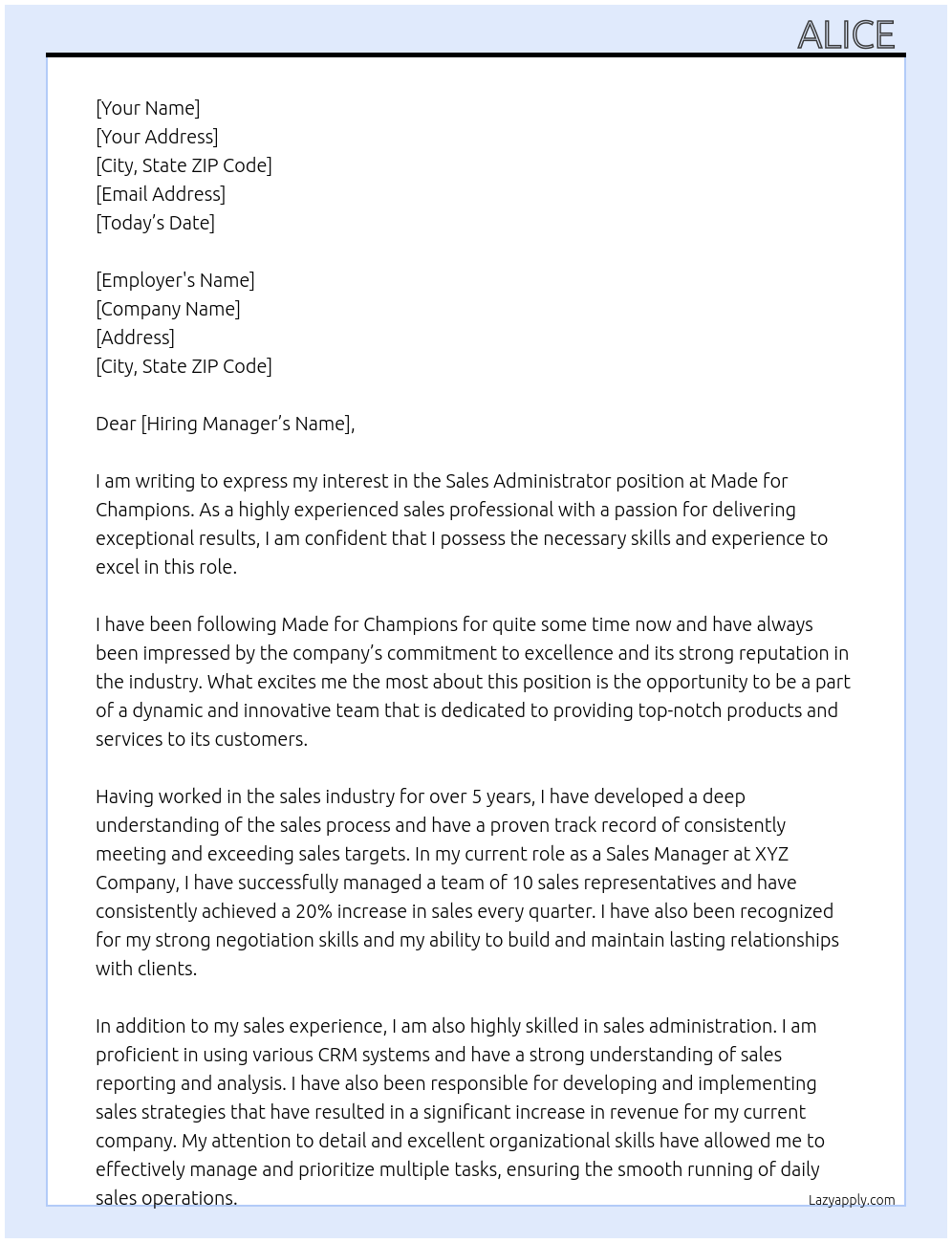 Sales Administrator At Made for champions Cover Letter