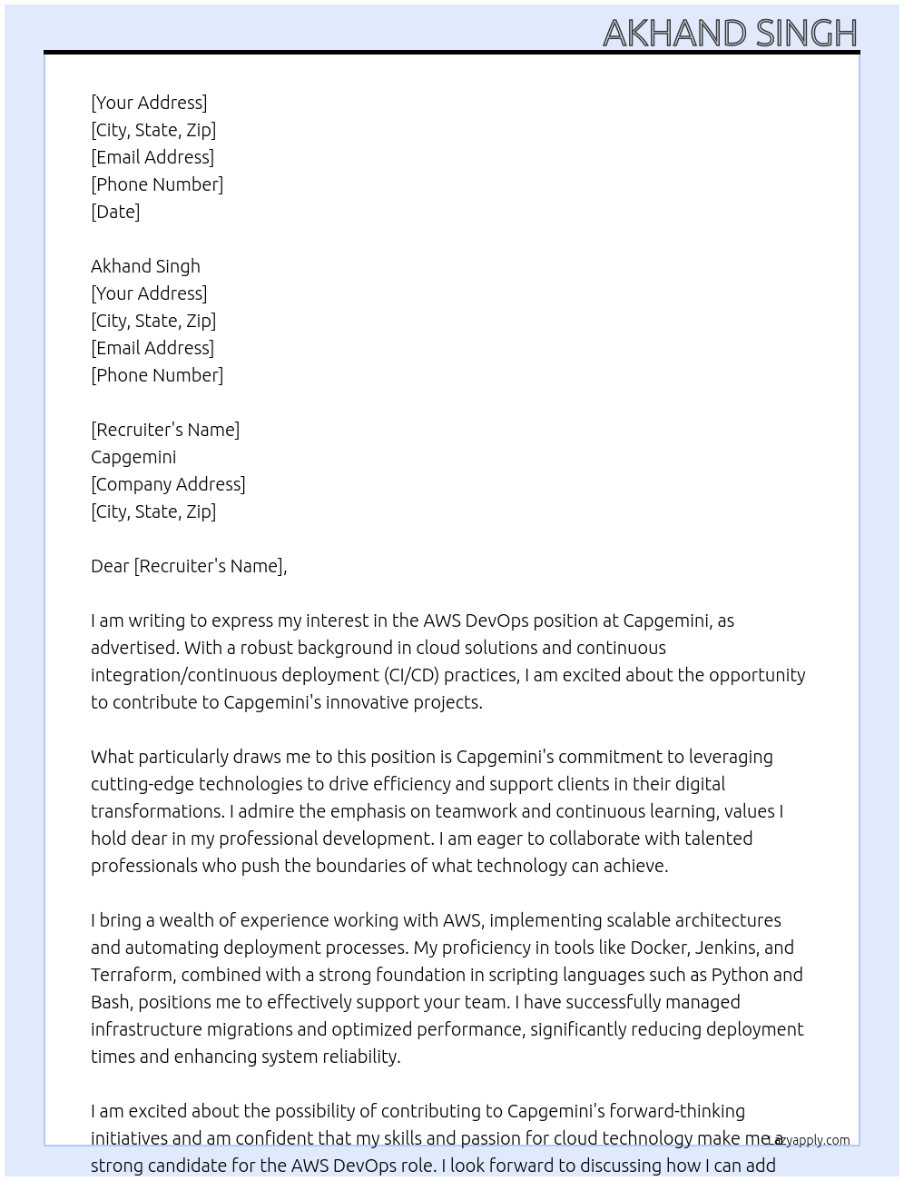 AWSdevops At capgemini Cover Letter