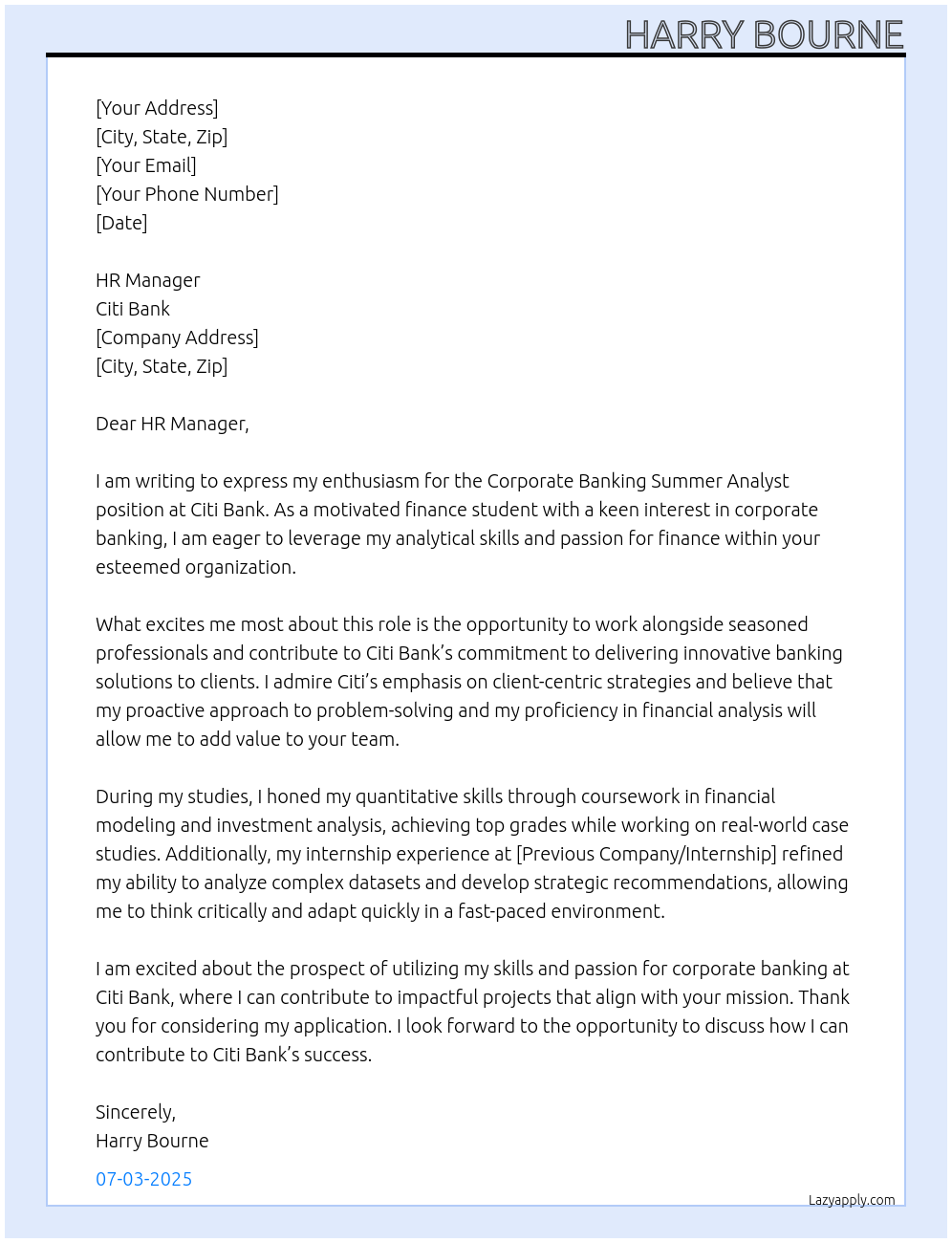 Corporate banking summer analyst At Citi Bank Cover Letter