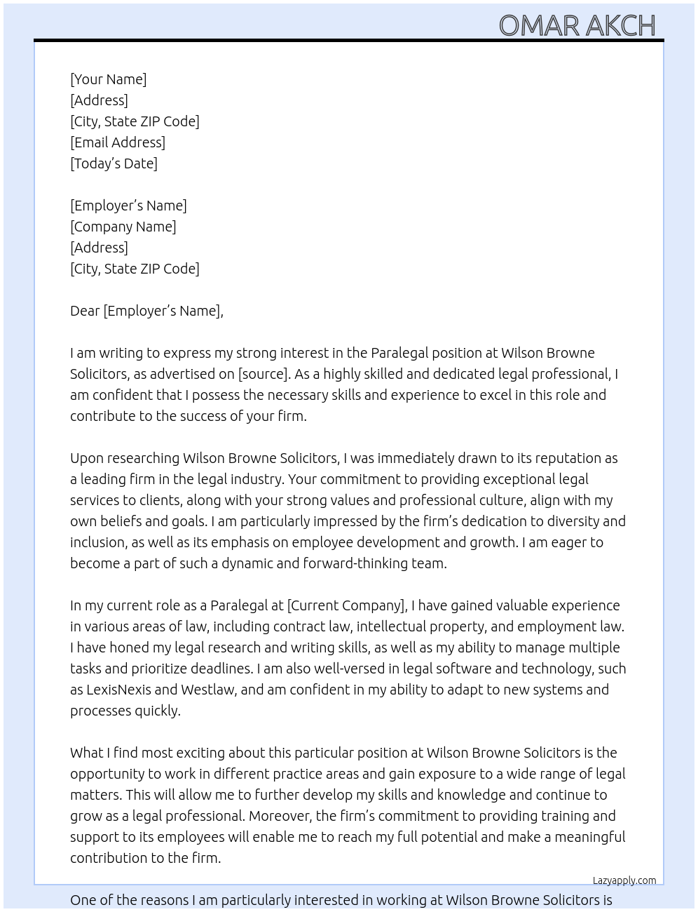 Paralegal At Wilson Browne Solicitors Cover Letter