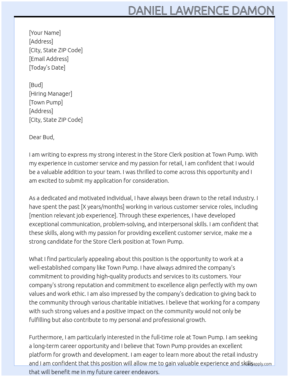 Store Clerk At Town Pump Cover Letter