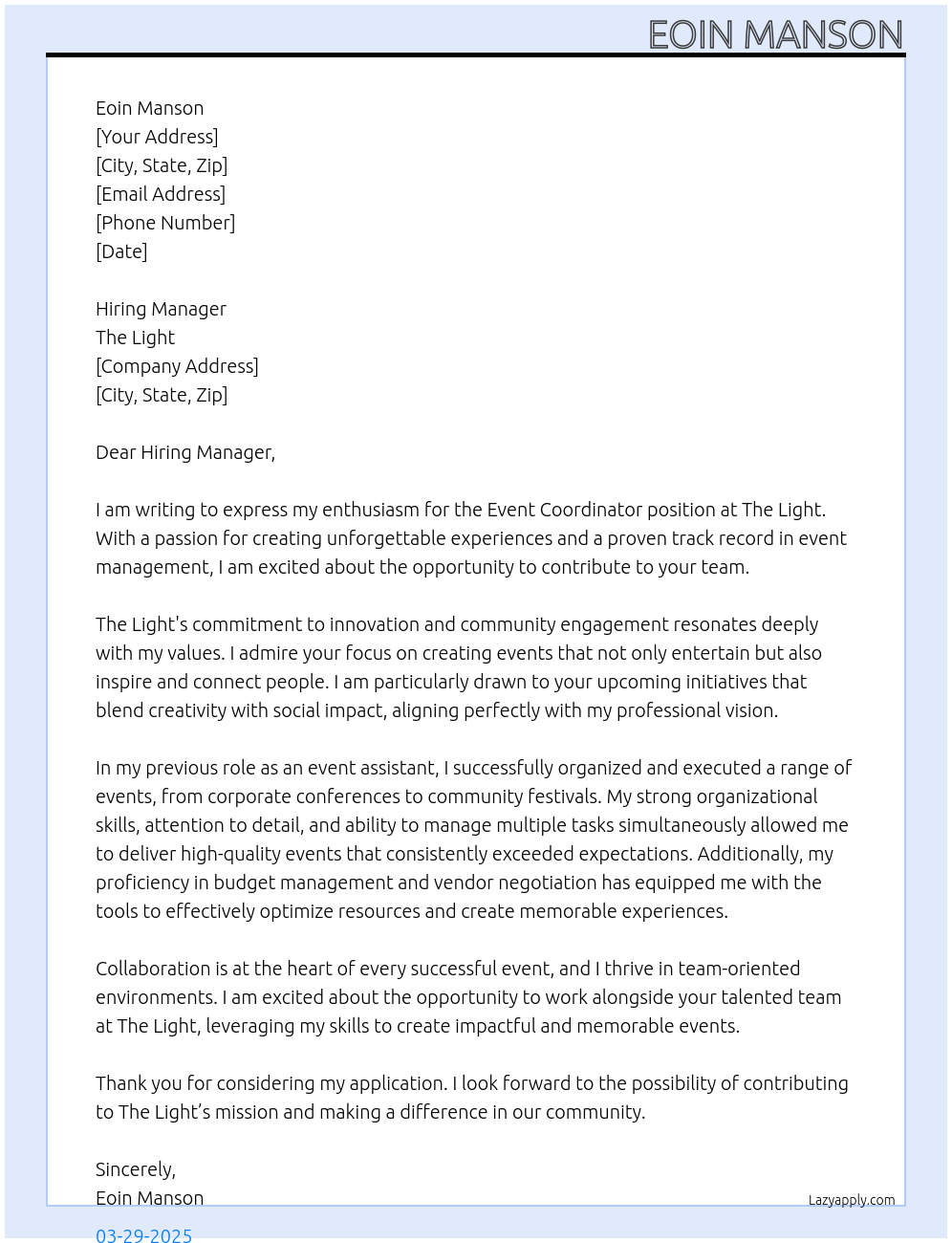 Event Co-Ordinator At The Light Cover Letter
