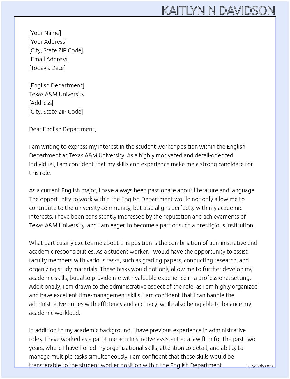 student worker At Texas A&M University Cover Letter