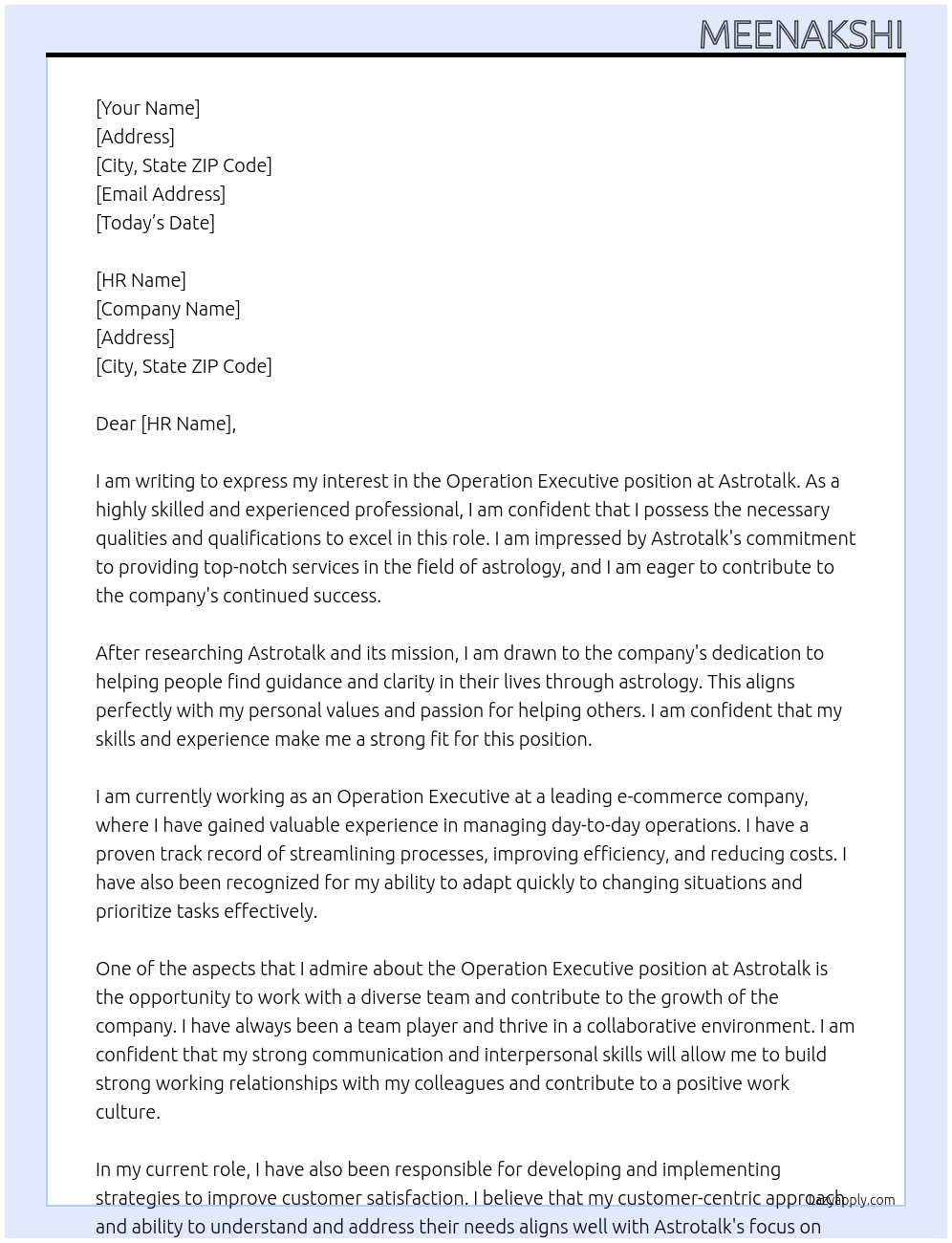 Operation executive At Astrotalk Cover Letter