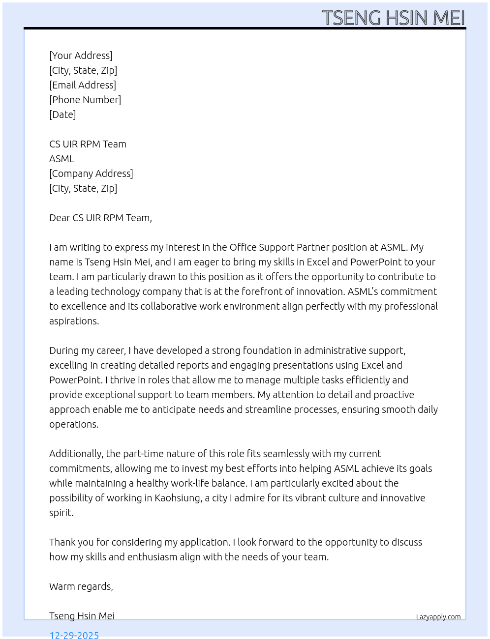 one office support partner At ASML Cover Letter