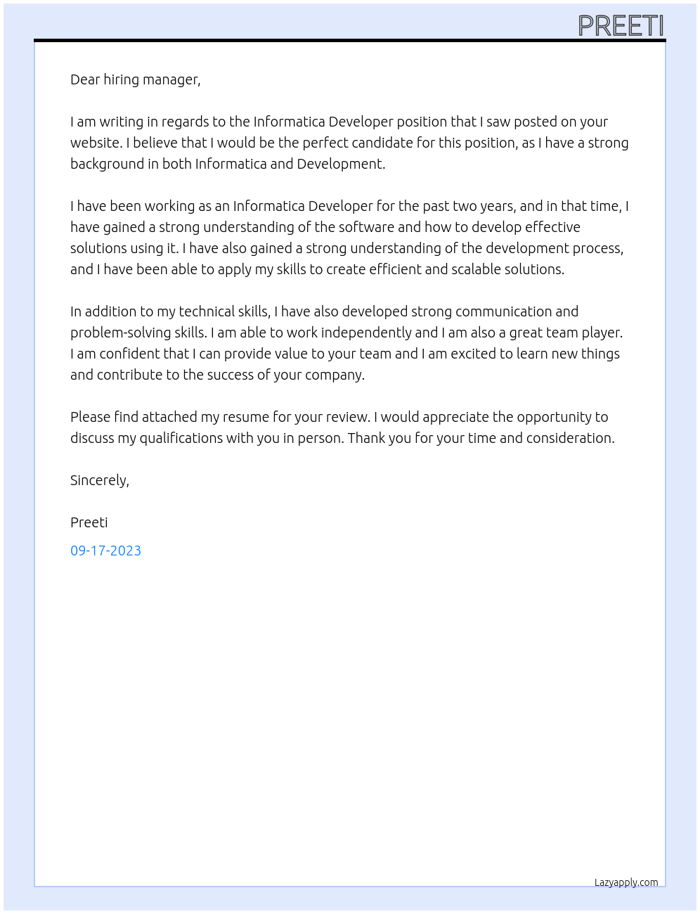 Informatica Developer At your Cover Letter