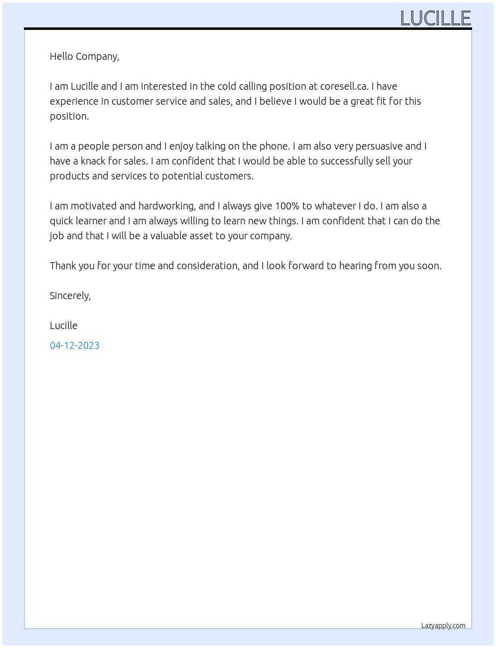 cold calling At coresell.ca Cover Letter