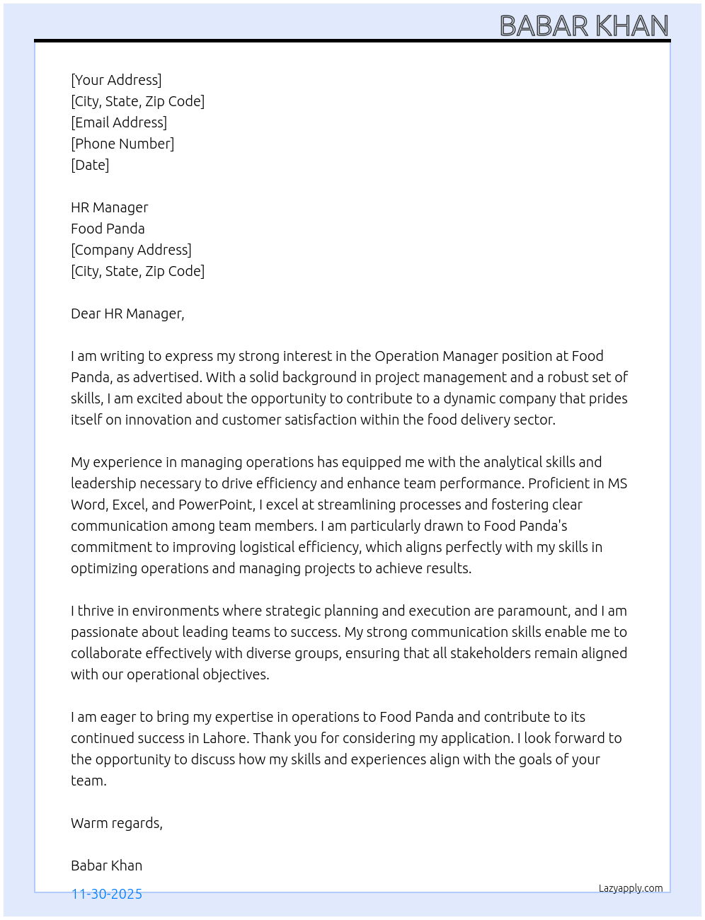 Cover letter for operation manager - LazyApply