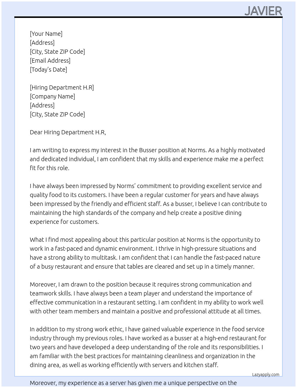 busser At Norms Cover Letter