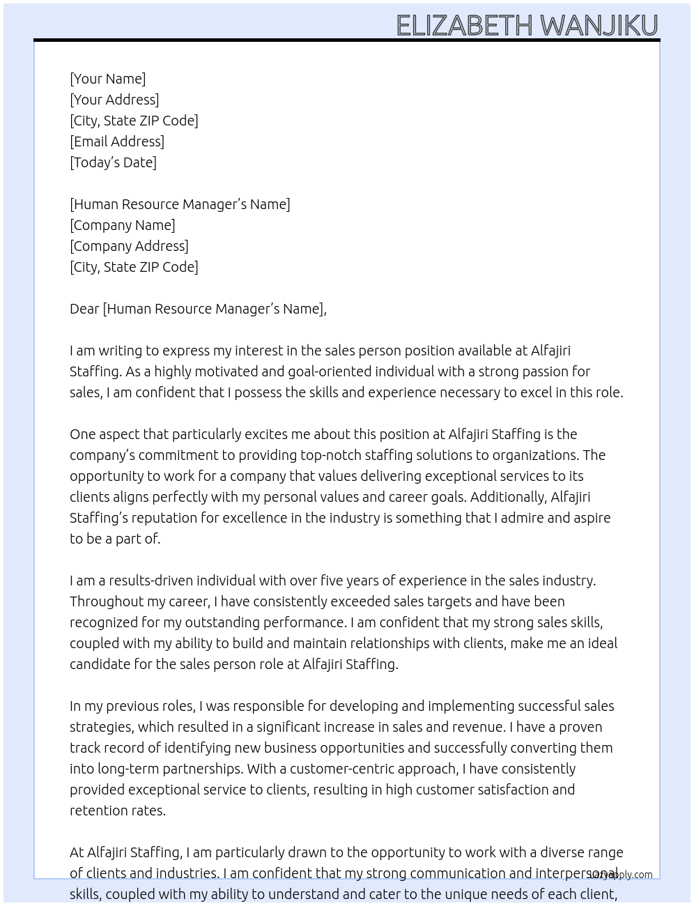 sales person At Alfajiri Staffing Cover Letter