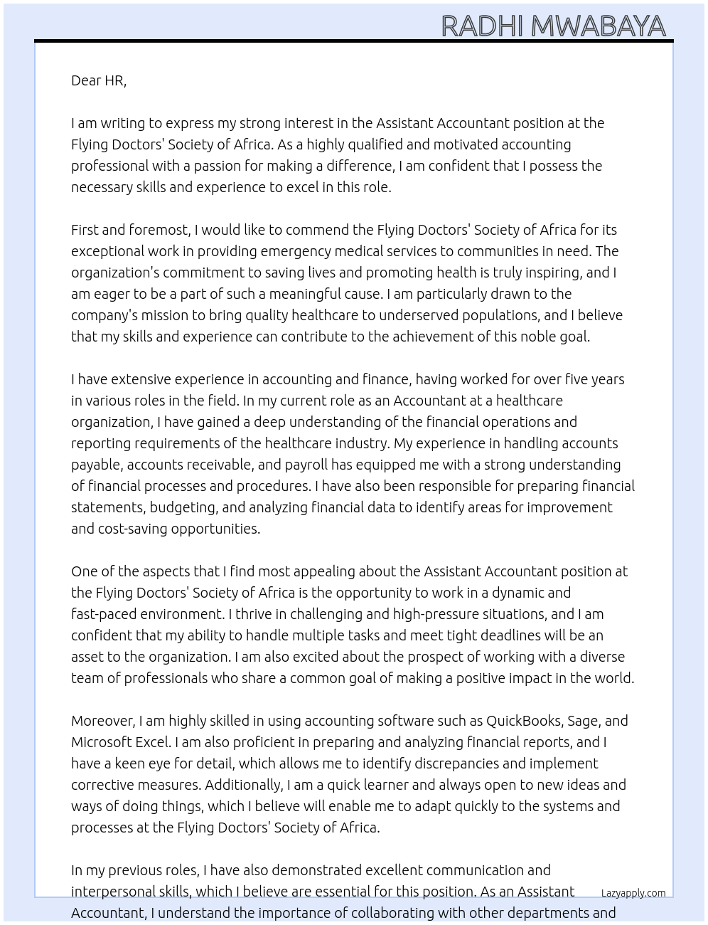 Assistant Accountant At Flying Doctors' Society of Africa Cover Letter
