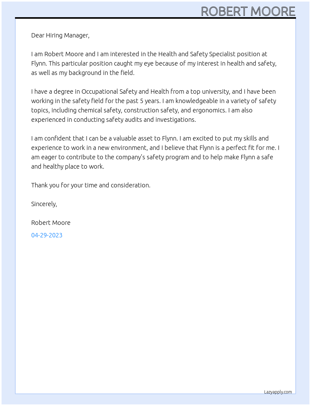 Health and Safety Specialist At Flynn Cover Letter