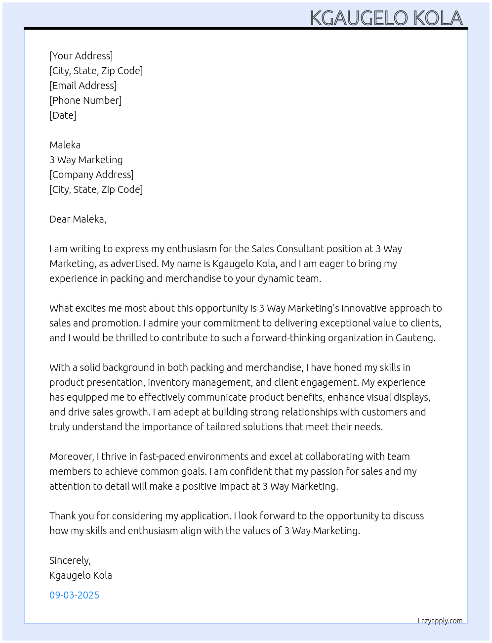 Sales consultant At 3 way marketing Cover Letter