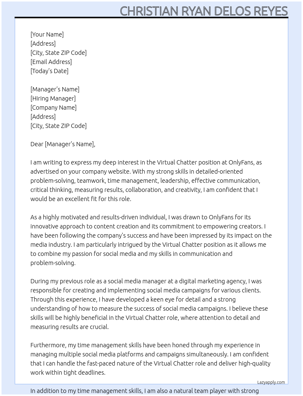 Virtual Chatter At OnlyFans Cover Letter