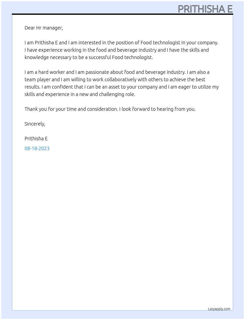 Food technologist  At Food and beverage industry  Cover Letter