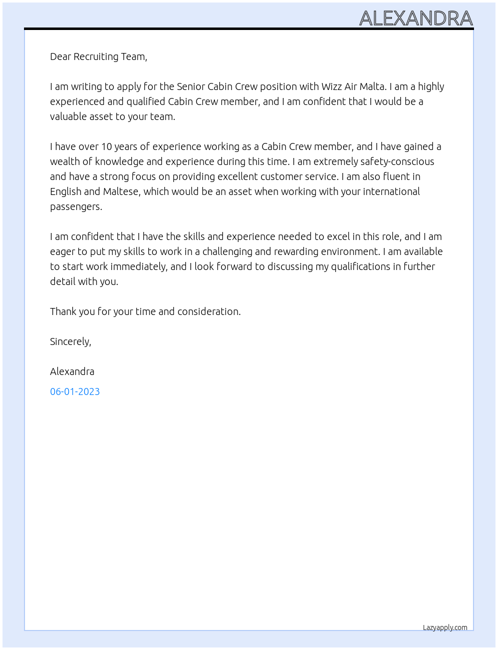 SENIOR CABIN CREW At WIZZ AIR MALTA Cover Letter