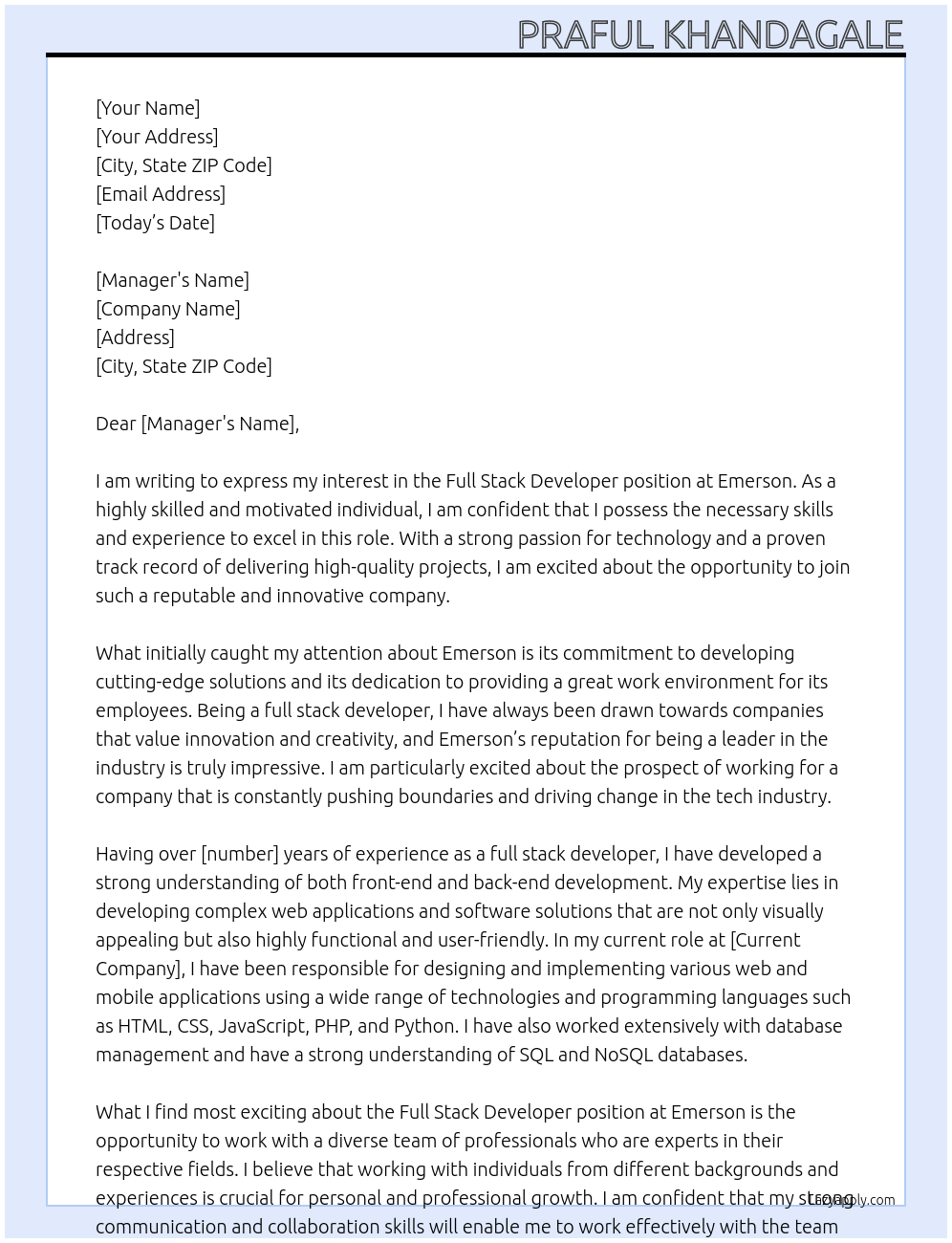 Full Stack Developer At Emerson Cover Letter