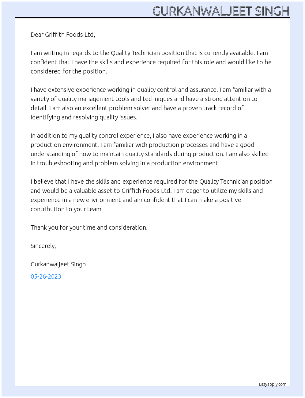 quality technician At Griffith Foods Ltd Cover Letter