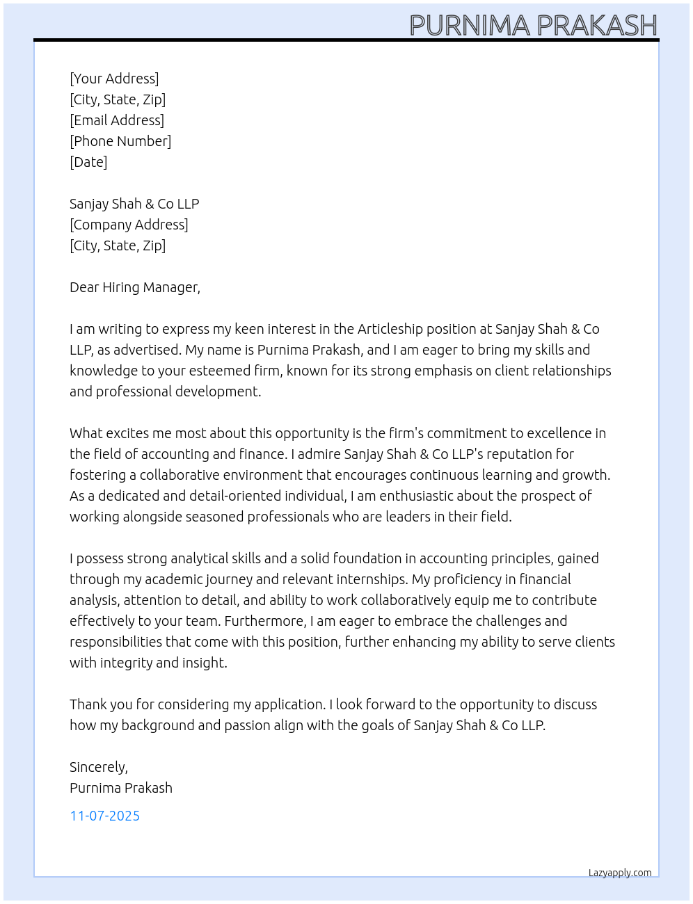 Cover letter for articleship - LazyApply