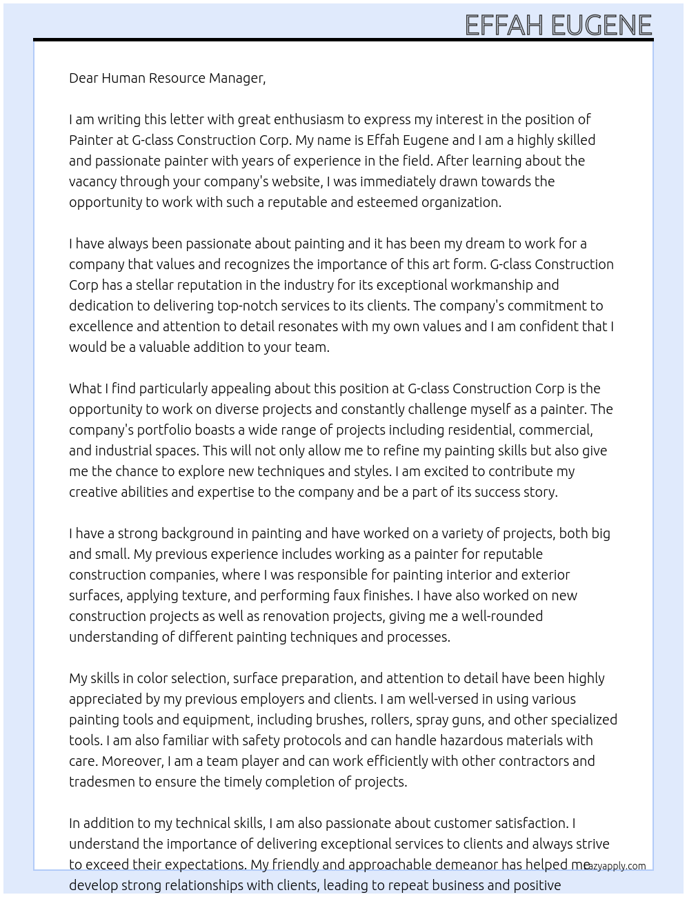Painter At G-class Construction Corp Cover Letter