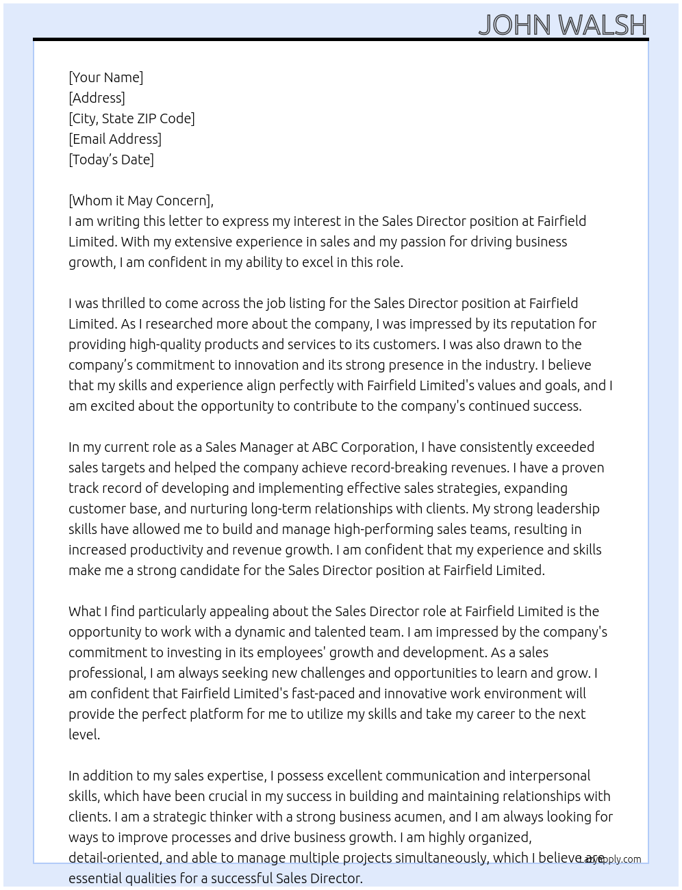 sales director At fairfield limited Cover Letter