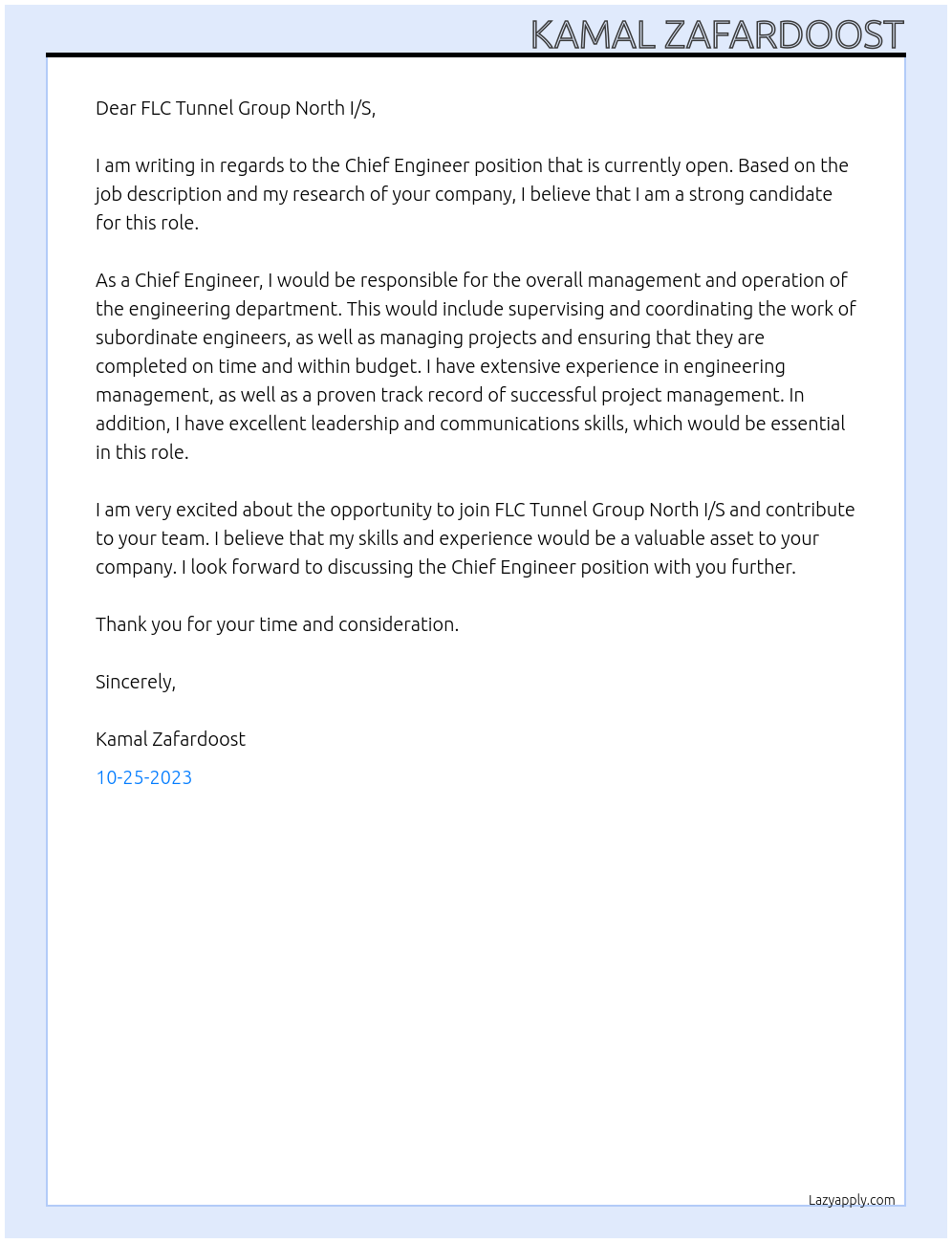 Chief Engineer At FLC Tunnel Group North I/S Cover Letter