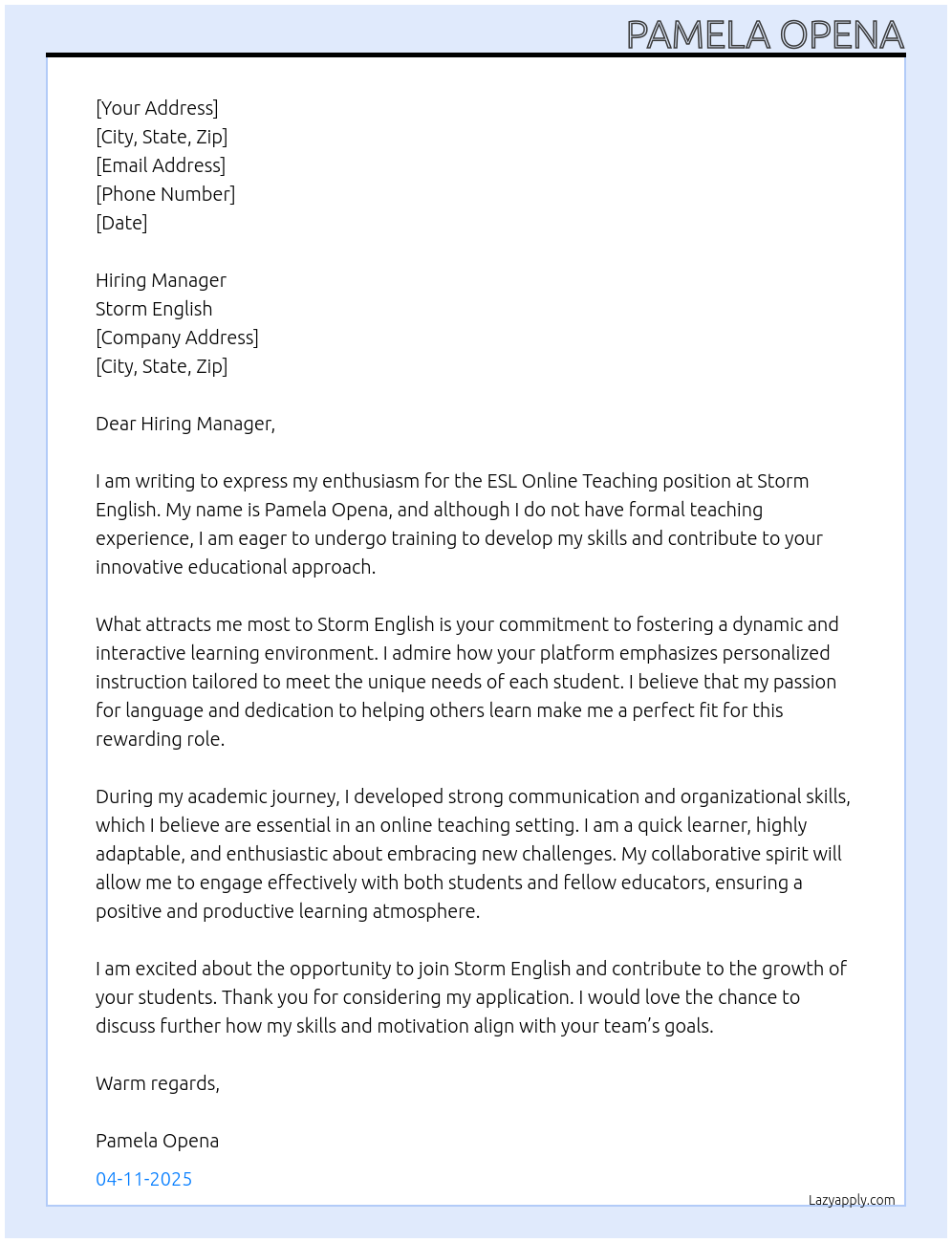ESL Online Teaching No Experience, willing to undergo training At Storm English Cover Letter