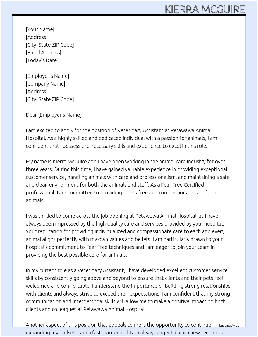 Veterinary Assistant At Petawawa Animal Hospital Cover Letter