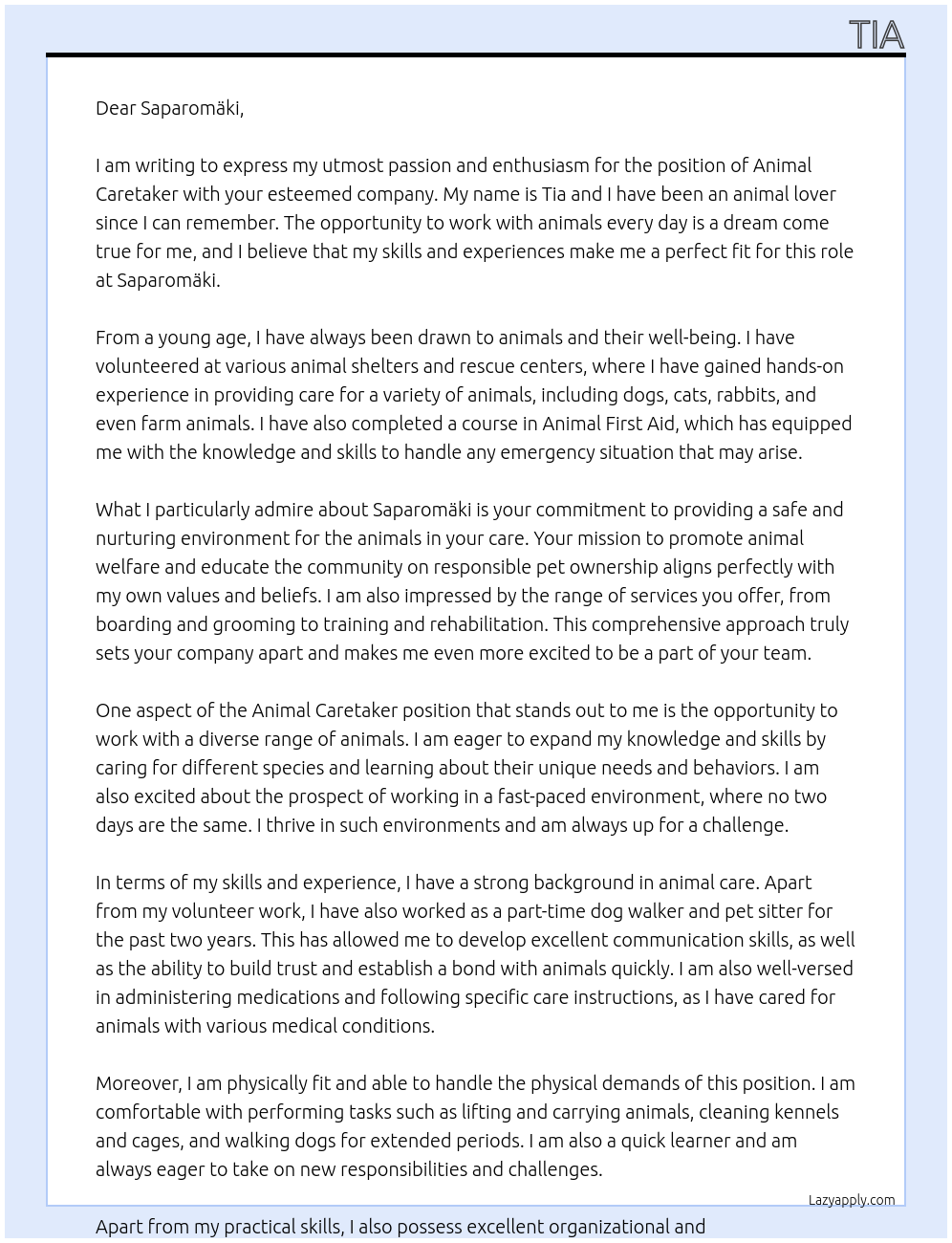 Animal caretaker At Saparomäki Cover Letter