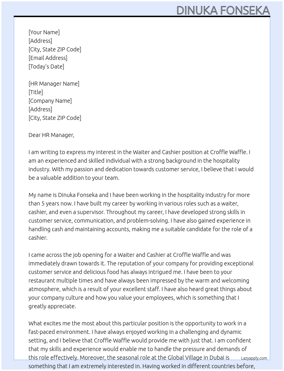 Waiter and Cashier At Croffle Waffle Cover Letter