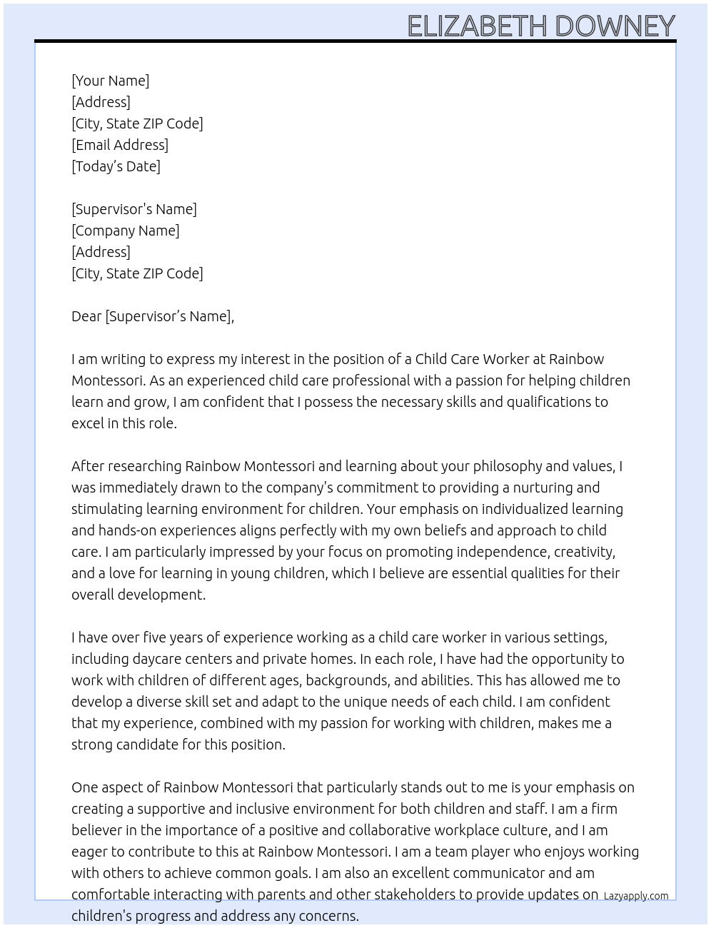 child care worker At Rainbow Montessori Cover Letter