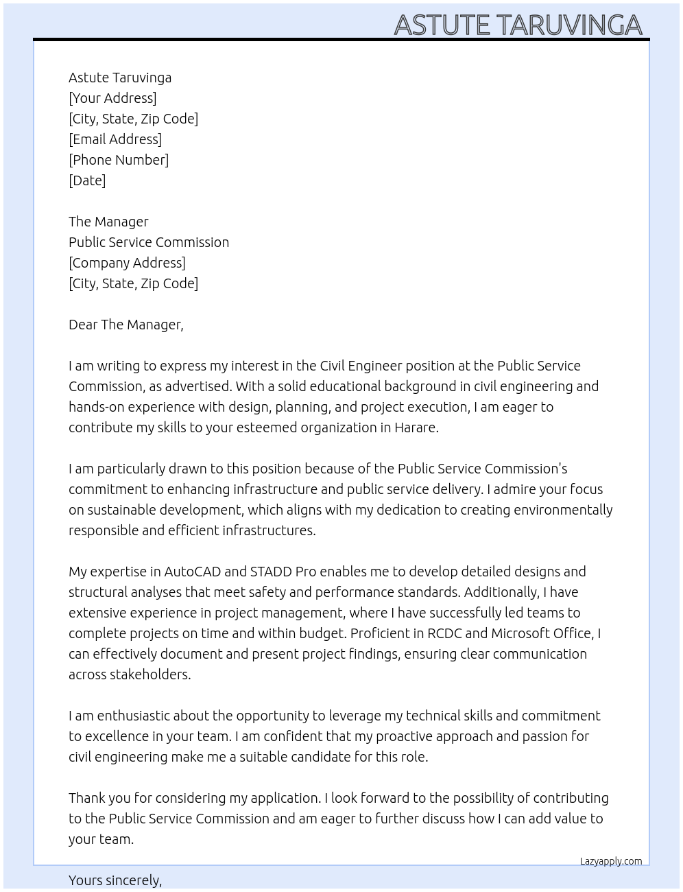 Civil Engineer  At Public Service Commission  Cover Letter