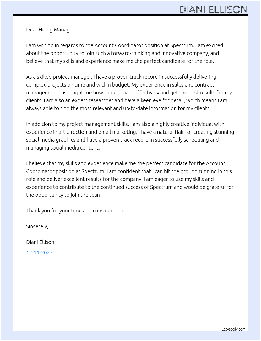 Account Coordinator At Spectrum Cover Letter