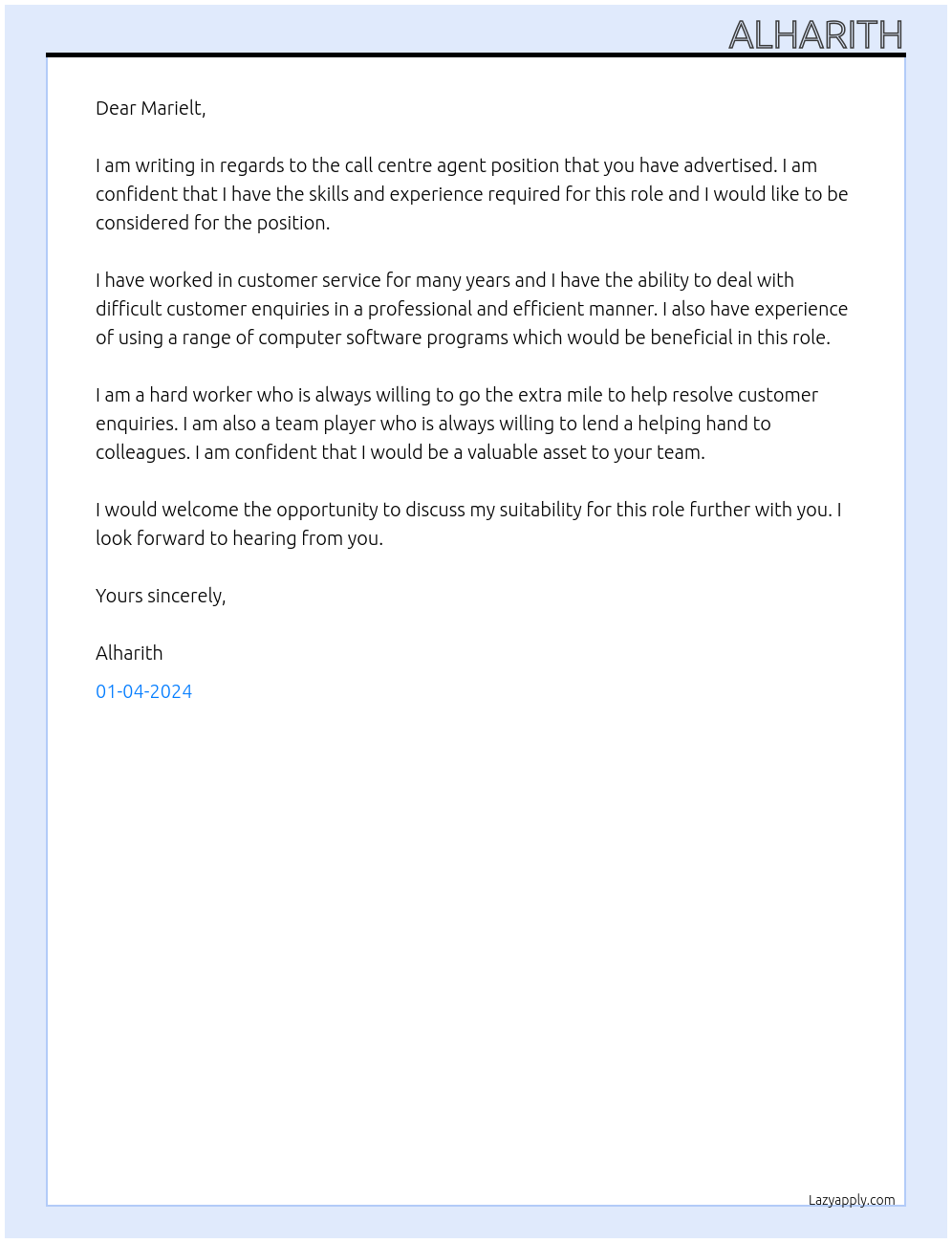 Call centre agent At Marielt Cover Letter